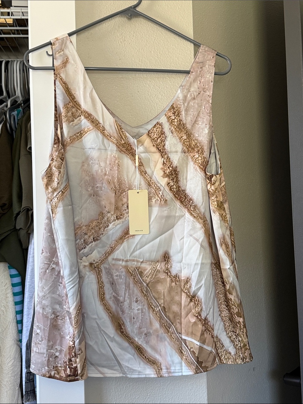 V-Neck Marble-Print Camisole in Neutral Beige